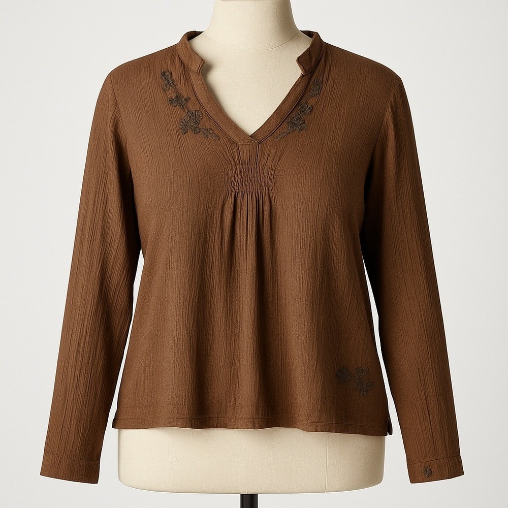Y2K Earthy Embroidered 100% Cotton Babydoll Top Size L Brown Boho Indie‎ Sleaze
